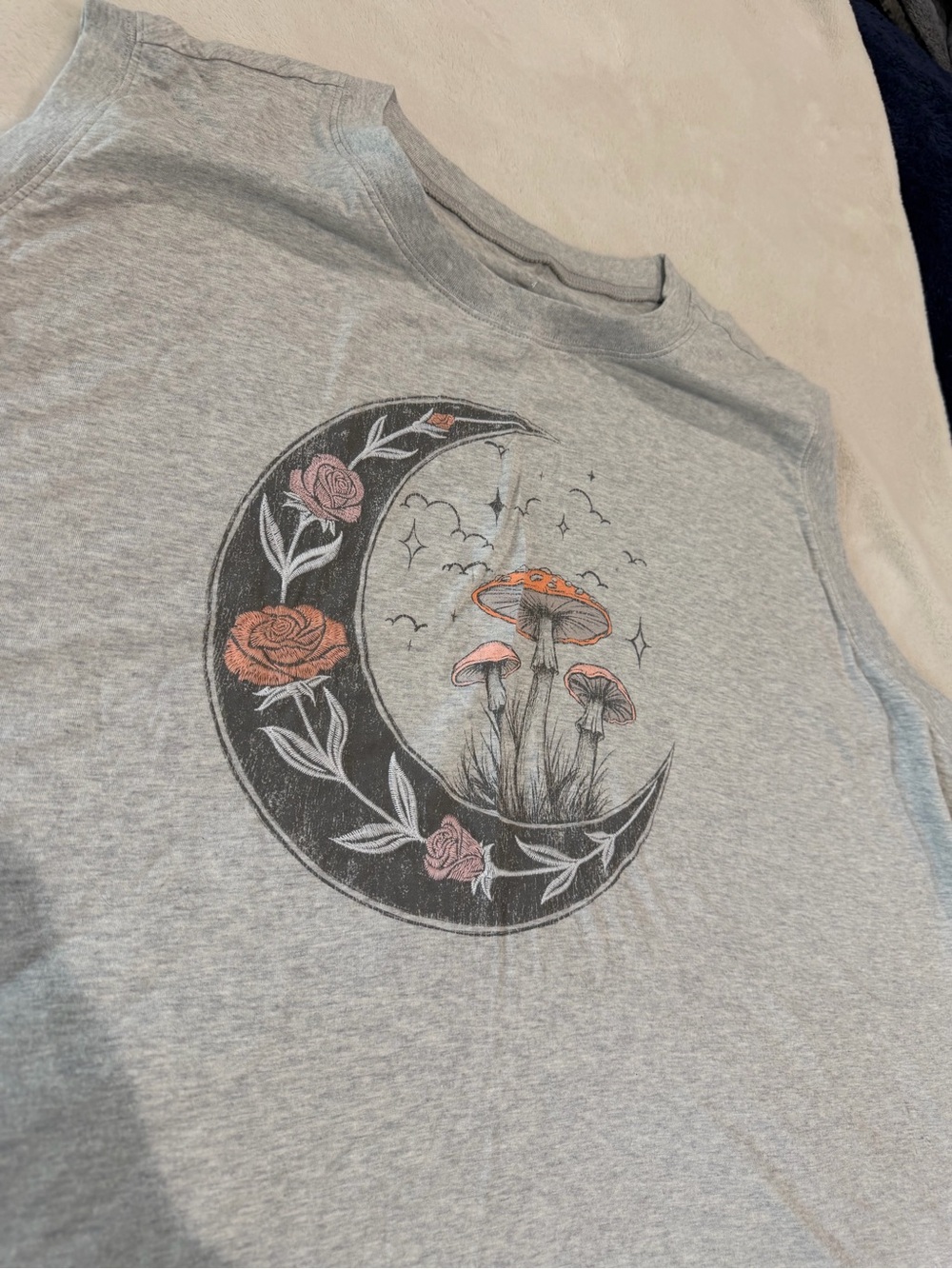 torrid Gray Graphic Short Sleeve Tee with Moon, Pink Roses & Orange Mushrooms